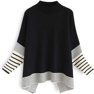 Chicwish Striped Oversize Soft Knit Cape Sweater Pullover Black White Medium